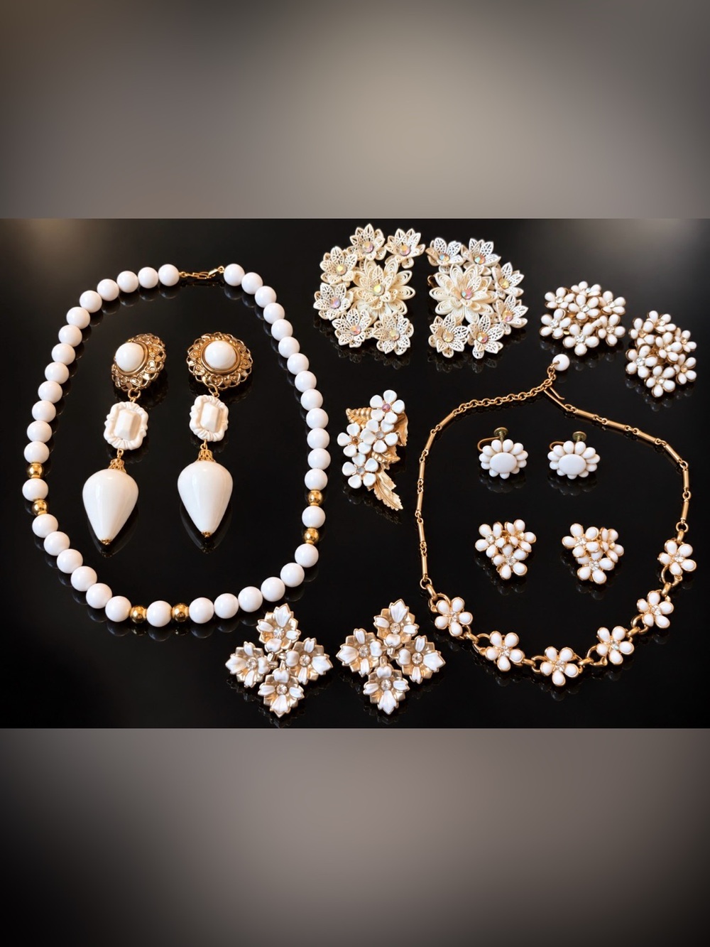 Beautiful 9-piece vintage costume-jewelry collection featuring white and ivory